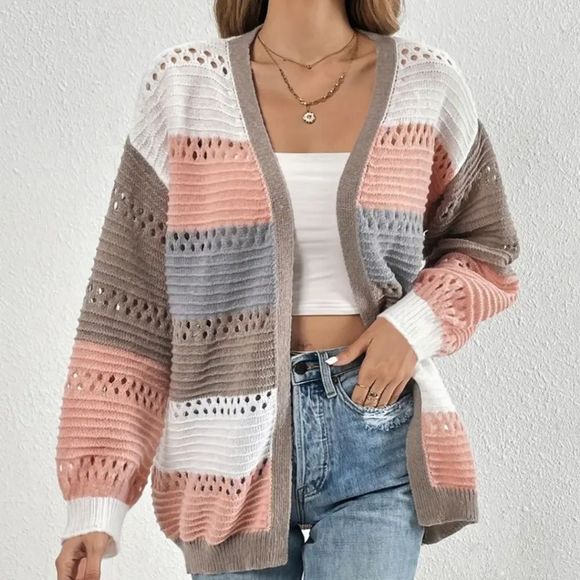 ⬆️💲15 BuNdLEd ⬆️ Women's Colorblock Nuetral Tones Open Cardigan - Picture 4 of 10